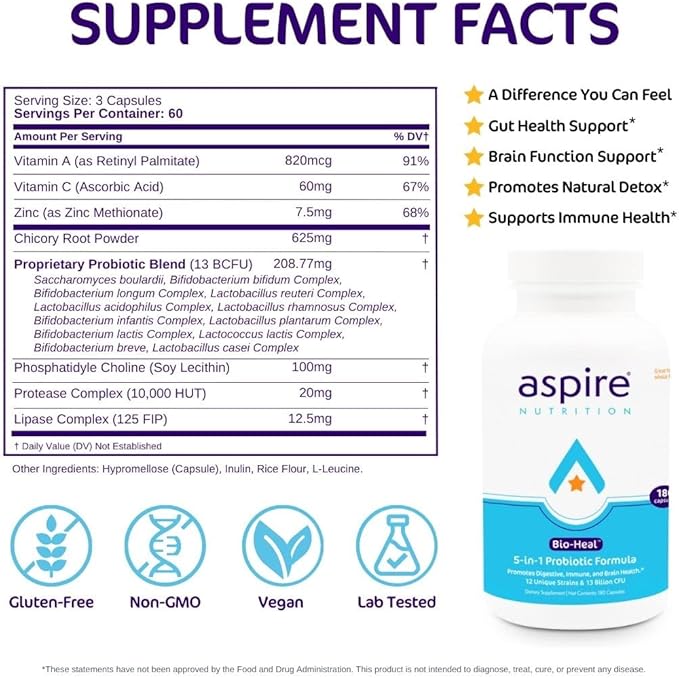 5-in-1 Bio-Heal® Probiotic for Kids, Men & Women - Best Supplement for Brain Function, Gut Health & Constipation - Shelf Stable & Fortified with Vitamin, Mineral & Prebiotics Capsules