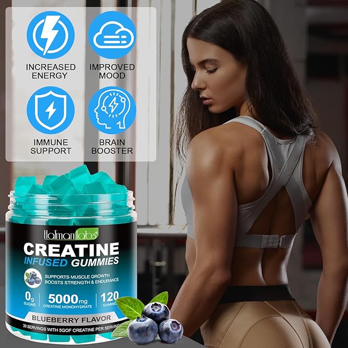 Creatine Monohydrate Gummies for Men & Women - 5g per Serving, Low Sugar Creatine Monohydrate Gummies - Increase Strength, Muscle Gain, Recovery, Endurance - Vegan, Gluten-Free,Blueberry (120 Count)