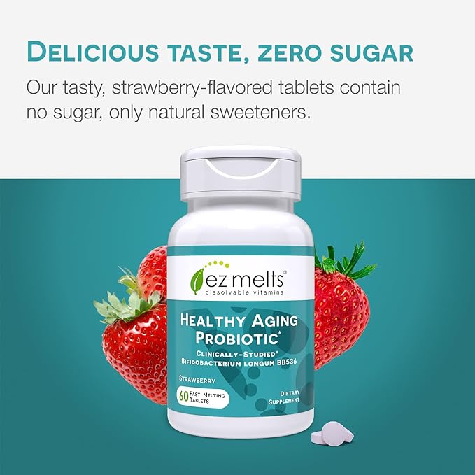 EZ Melts Dissolvable Healthy Aging Probiotic, Bifidobacterium Longum BB536 (2 Billion CFU), Sugar-Free, Probiotics for Women & Men 50+, 2-Month Supply