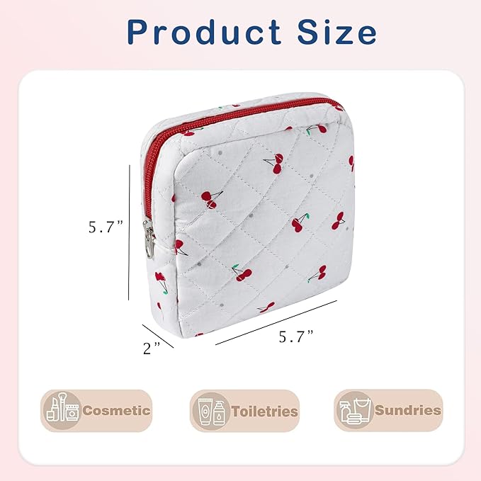 Small Quilted Cotton Makeup Bag for Purse, Cosmetic Bag with Compartments, Cotton Aesthetic Makeup Bag, Travel Toiletry Pouch, Key Pocket Lipstick Bag Card Holder Data Cable Organizer(07Cherry)