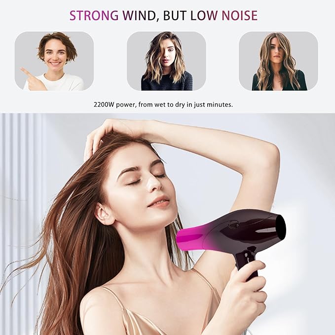 Ionic Hair Dryer,2400W Negative Ion Low Noise Hair Dryer Professional Fast Drying Hair Dryer with 2 Speeds, 3 Heat Settings, Cooling Button,with Diffuser for Curly and Straight Hair(Crimson Fade)