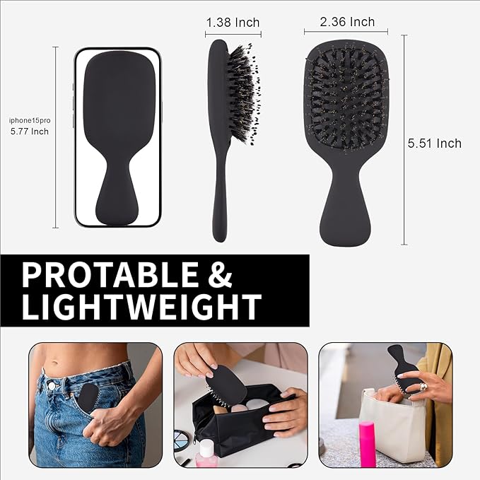Mini Boar Bristles Hair Bursh, Travel Size Hair Brush for Women Men Kids, Protable Small Hair Brush for Pockets Purses, Mini Detangler Brush for Smooth Add Shine(Black)