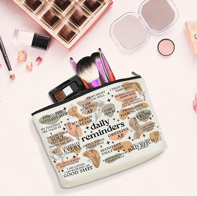Daily Reminders Makeup Bag Positive Affirmations Self Love Gifts Inspirational Mental Health Gifts for Female Friend Colleagues Coworker Birthday Friendship Mothers Day Nurse Day Travel Toiletry Bag