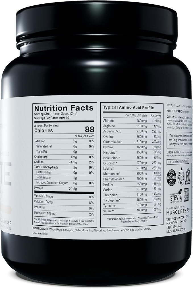 Muscle Feast Grass-Fed Whey Protein Isolate, All Natural Hormone Free Pasture Raised, Vanilla, 1lb