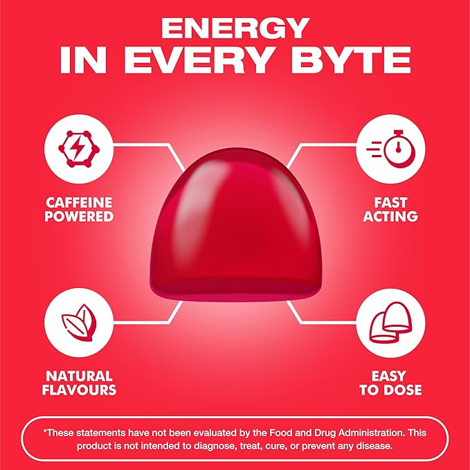 Energy Bytes Caffeine Gummies | Instant Energy Chews for Running, Cycling and Sports Performance | Vegan, Low Sugar | Strawberry Burst (12-Pack)