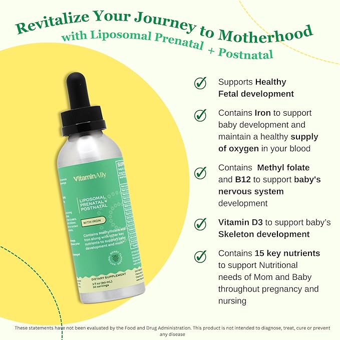 Liposomal Liquid Prenatal + Postnatal Multivitamin Drops with Iron | Non-GMO| Sugar Free| Gluten Free| Easy to Swallow| Supports Both Baby Development and Mom| 30 Day Supply| 3 Fl OZ