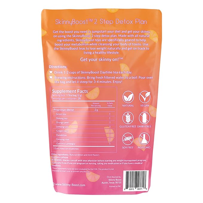 SkinnyBoost 28 Day Detox Daytime Tea -(28 Tea Bags) Supports Metabolism Boost, Detox, All Natural, Non GMO, Vegan, Keto Friendly