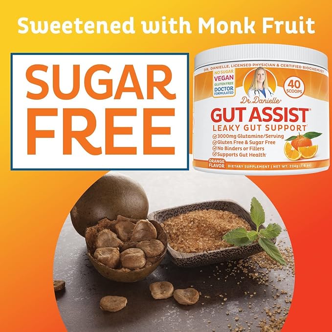 Doctor Danielle Gut Assist - Leaky Gut Repair Supplement Powder - Glutamine, Arabinogalactan, Licorice Root - Supports IBS, Heartburn, Bloating, Gas, Constipation, SIBO from, Orange Flavor