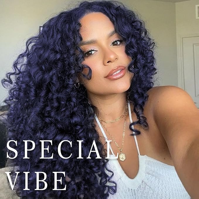 Dark Blue Wear And Go Glueless Wig Pre-Plucked Synthetic HD Lace Frontal Wig 13x6 Afro Wig Kinky Curly With Layer