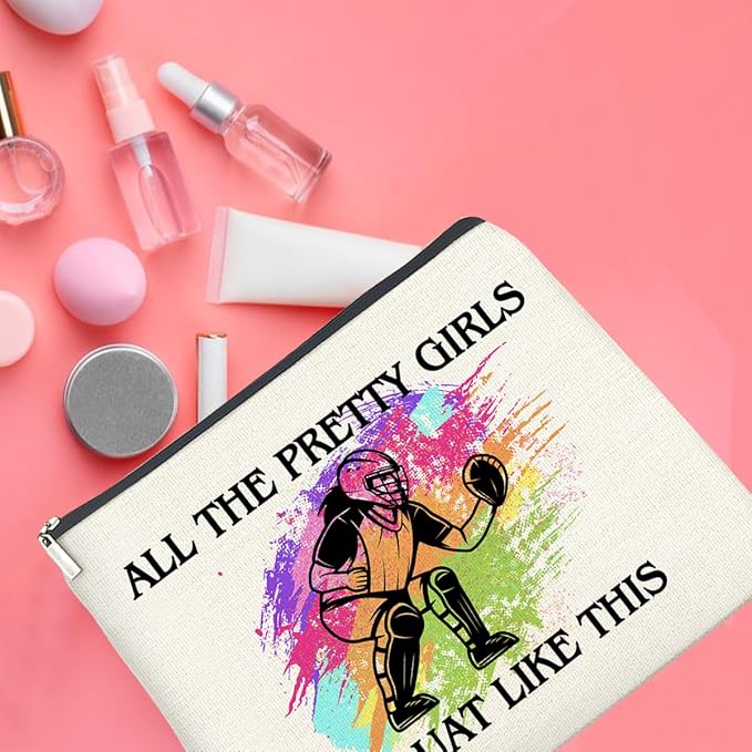 Softball Catcher Makeup Bag - Gifts for Girls and Women - All the Pretty Girls Squat Like This - Cosmetic Zipper Pouch