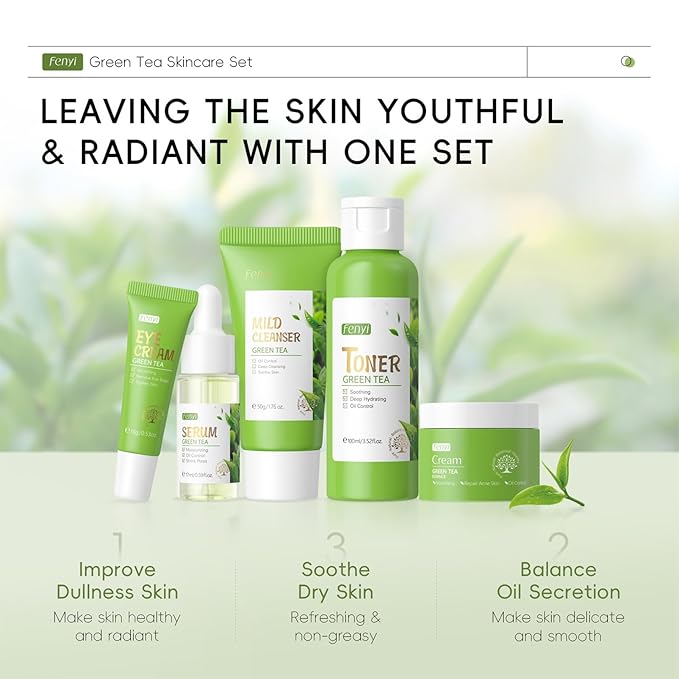 Green Tea Skincare Set For Women & Girls, Green Tea Skin Care Set With Cleanser,Toner,Eye Cream,Face Cream,Serum, Beauty Gifts For Women Girls, Skin Care For Teens 10-12