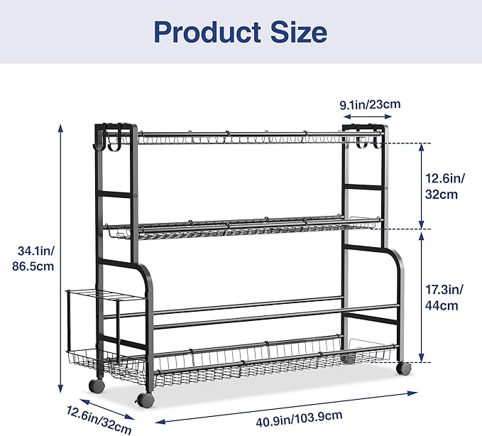 Sports Equipment Garage Organizer - Ball Storage Garage - Ball Storage Rack - Rolling Ball Cart with Wheels Basket and Hooks for Basketballs Footballs Volleyballs in Gym Playgroup and School.