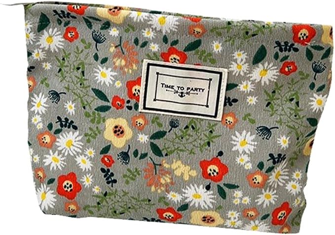 Flower Fabric Makeup Bag for Purse, Vintage Corduroy Cosmetic Pouch Bag, Portable Travel Handbag for Women Girls (Bean green flowers)