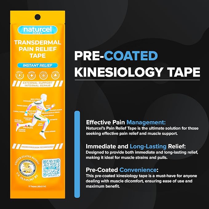 Sport Transdermal Pain Relief Tape, Kinesiology Tape, Sore Joints, Muscles, Back, Knee, Elbow, Shoulder Pain, 2 Elastic Strips(10x2 in), Water Resistant, Accelerated Recovery (Black, 1 Pack)