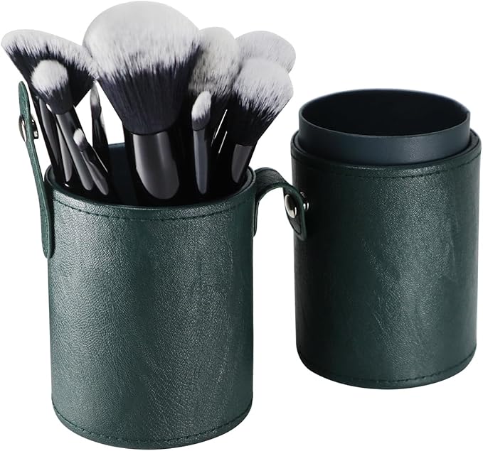 Portable Makeup Brush Case,Pu Leather Makeup Brush Holder with Button,Travel Cup Storage Dustproof Makeup Cosmetic Bags for Women (Dark green)