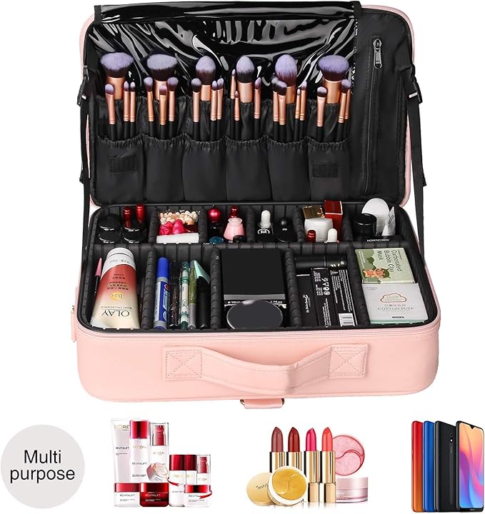 Relavel Travel Makeup Train Case Cosmetic Case Organizer Portable Artist Storage Bag with Adjustable Dividers for Cosmetics Makeup Brushes Toiletry Jewelry Digital Accessories