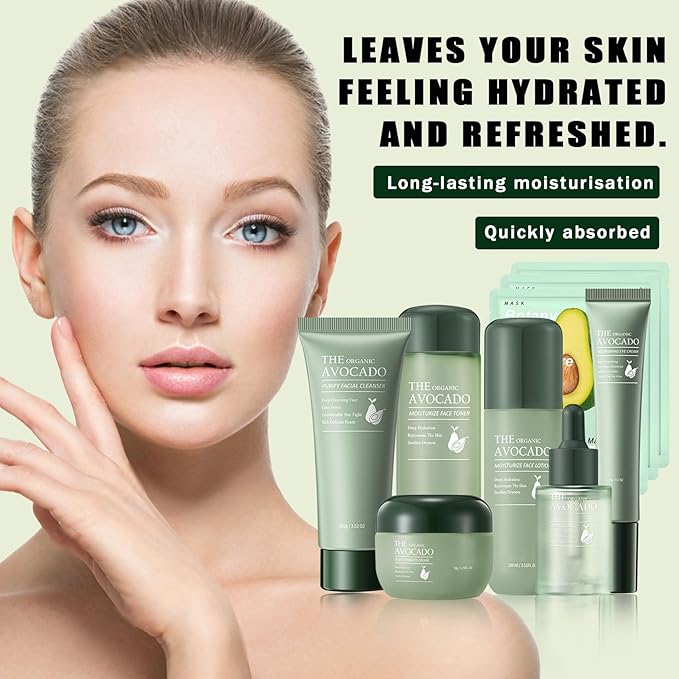 9PCS Avocado Skin Care Gift Set,Facial Kit with Cleanser,Toner,Eye Cream,Face Serum,Lotion,Face Cream and Masks,Hydrating Facial Skin Care Gift Set for Women