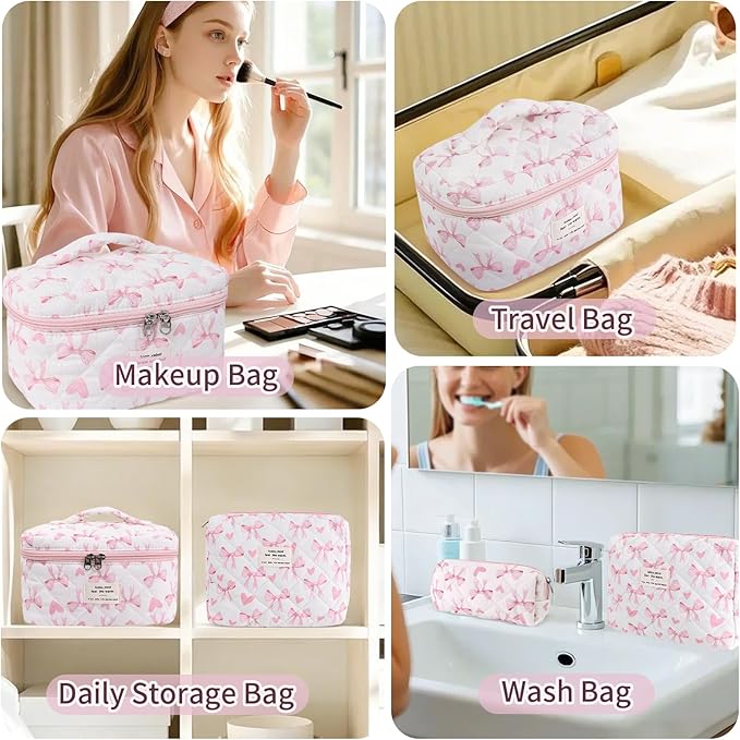 3Pcs Cotton Quilted Makeup Bag Set,Large Floral Cosmetic Bag,Aesthetic Toiletry Travel Makeup Bag Set and Cute Flower Bag for Women Girls (Love Bow)