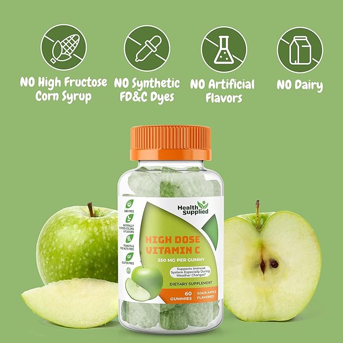 Sour Apple Flavored Vitamin C Gummies Mega Dose - 1050 mg Vitamin C - Boosts Immune System and Supports Heart Health - Great Tasting and Easy to Swallow (2 Pack)