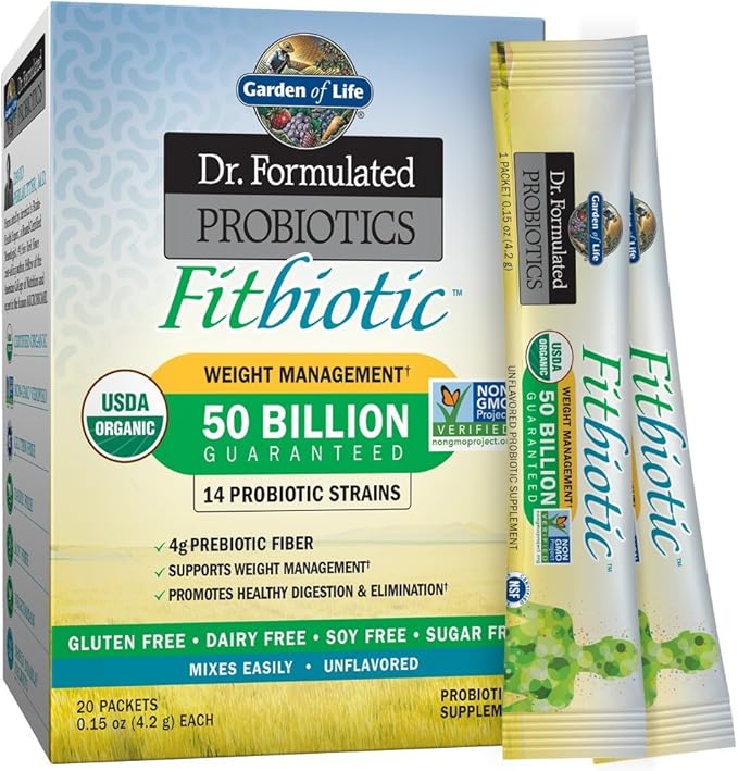 Garden of Life Dr. Formulated Probiotics Fitbiotic Weight Management Powder 50 Billion CFU & Fiber, Organic & Non-GMO Digestive Gut Health Supplement, 3 Oz, Pack of 20