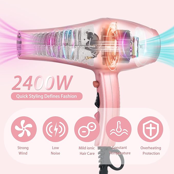 Ionic Hair Dryer,2400W Negative Ion Low Noise Hair Dryer Professional Fast Drying Hair Dryer with 2 Speeds, 3 Heat Settings, Cooling Button,with Diffuser for Curly and Straight Hair(Sakura Pink)