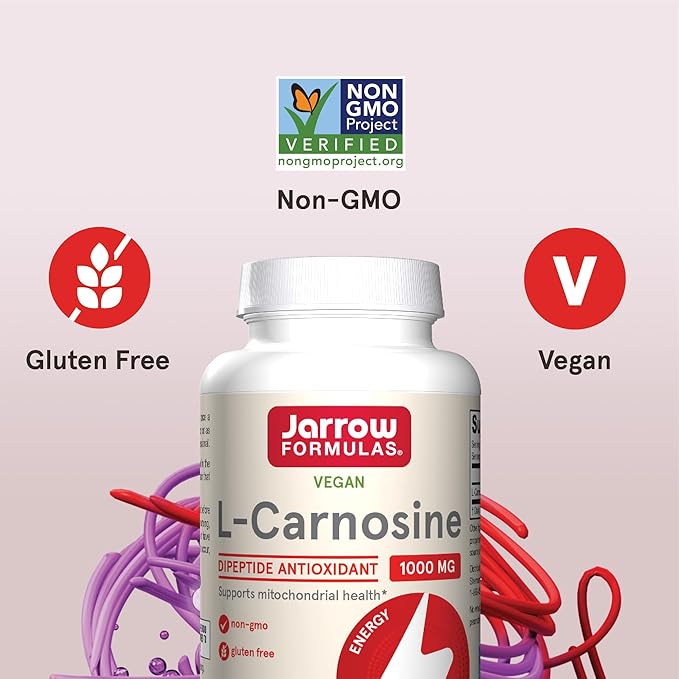 Jarrow Formulas L-Carnosine Dipeptide Antioxidant 1000 mg, Dietary Supplement, Antioxidant Support for Mitochondrial Health, 90 Veggie Capsules, Up to 45 Day Supply