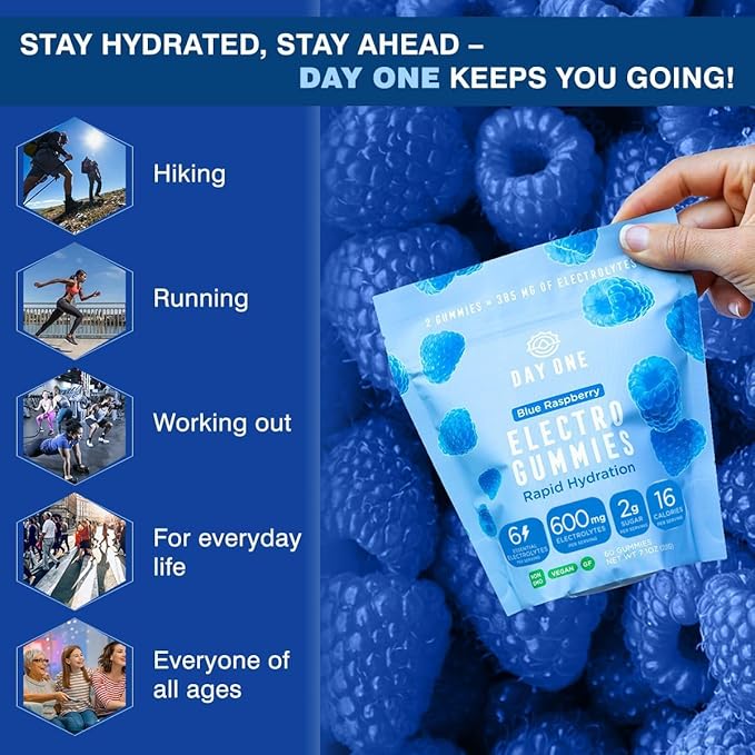 Electrogummies Blue Raspberry - Electrolyte Gummies for Runners, Athletes, Daily Use - Hydration Gummies with Essential Electrolytes - Hydration Alternative to Powders, Tablets, Chews - 60 Gummies