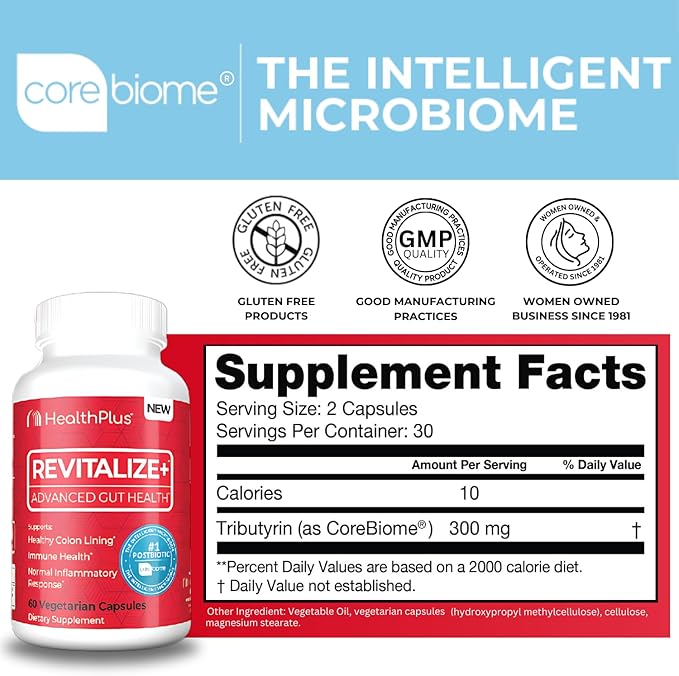Health Plus Revitalize+ Corebiome Tributyrin Postbiotics for Complete Digestive Health, Leaky Gut, Colon | Gut Health Supplements for Men & Women | 60 Capsules, 30 Servings