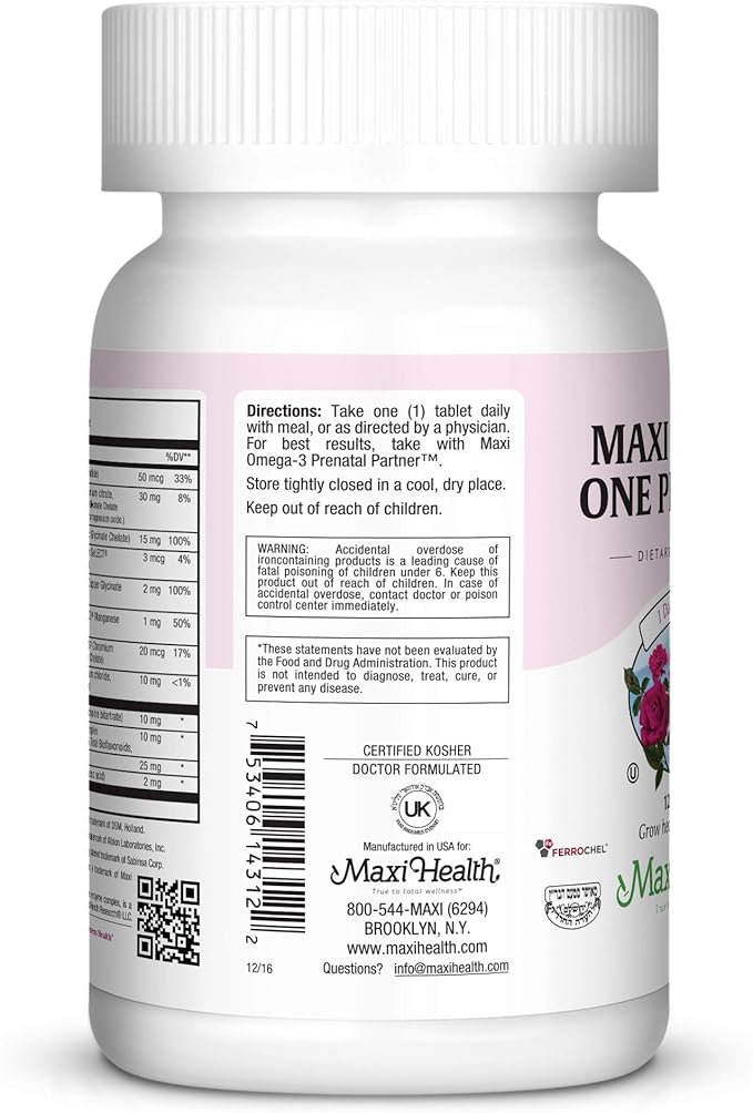 Maxi Health One Prenatal - Womens Prenatal Vitamins with Iron - Enhanced Absorption & Bioavailability - Daily Multivitamin for Women - Multi Vitamin & Mineral Supplement for Adults - 120 Capsules