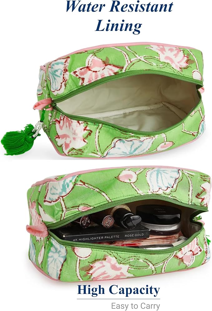 Huar Travel Makeup Bag- Large Capacity Cosmetic Bags for Women - Water Resistance Lining Portable Pouch & Open Toiletry Bag - Perfect Girls Makeup Organizer for Travel Essentials (Lime & Pink Floral)