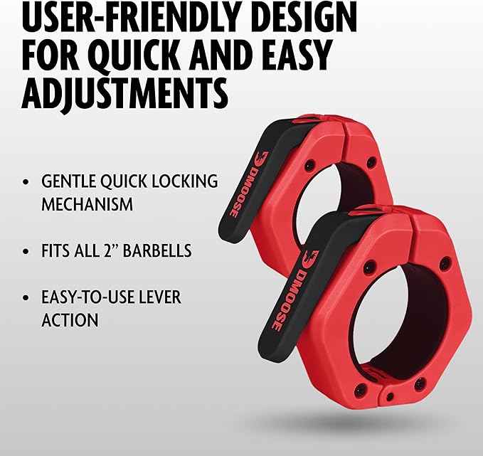 DMoose Fitness Barbell Clips 2" (Pair) - Quick Release Olympic Barbell Clamps & Collars with Anti Slip TPR Lining for Secure Weightlifting & Powerlifting - Weight Clips for Bars at Home or Gym