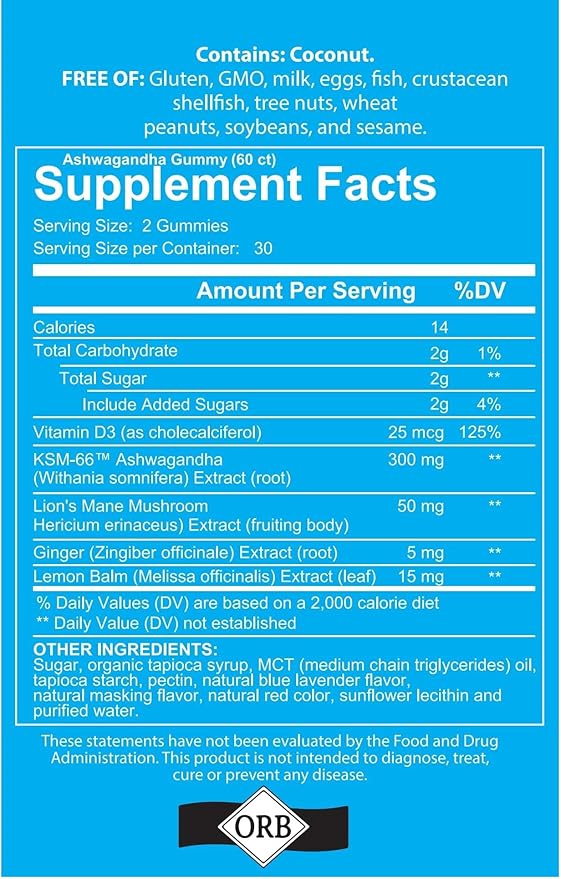 Ashwagandha Gummies Mixed Berry KSM-66, Lion's Mane, Vitamin-D, Non-GMO, Gluten-Free, Gelatin Free & Kosher | for Daily Focus Boost (60 Count (Pack of 1))