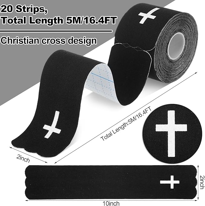 Geiserailie 2 Roll Christian Cross Kinesiology Tape, Each 20 Precut Strips 10" Per Strip Waterproof Religious Athletic Sports Tape Cotton Elastic Wraps for Fitness Running Tennis Swimming Football