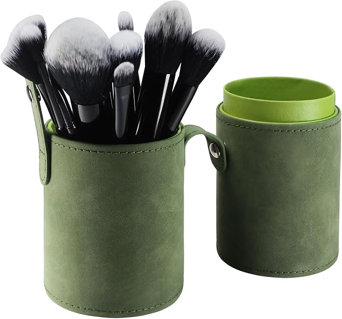 Portable Makeup Brush Case,Pu Leather Makeup Brush Holder with Button,Travel Cup Storage Dustproof Makeup Cosmetic Bags for Women (Grass green)