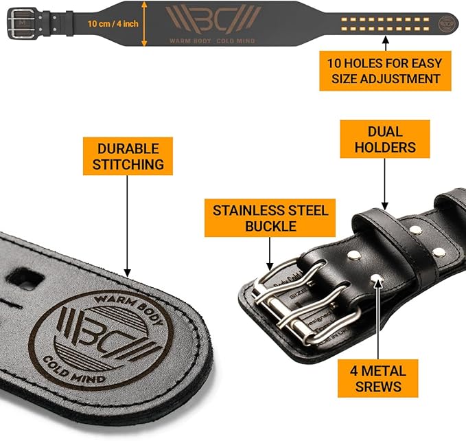 WARM BODY COLD MIND Leather Weight Lifting Belt 4" Adjustable