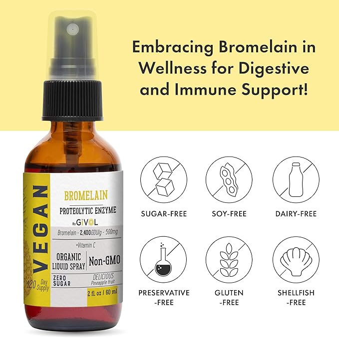 Organic Raw Bromelain Mist-Liquid Pineapple Extract - Enhanced Potency 500mg, for Kids & Adults - for Digestive Health, Inflammatory Response, and Healing - Non-GMO - 60ml 120 Day Supply