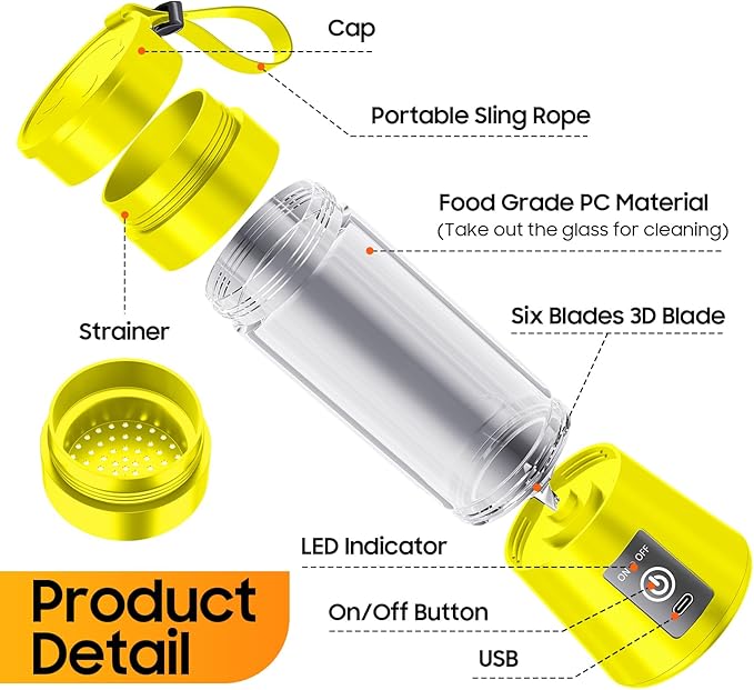 Personal Blender for Shakes and Smoothies - 2025 New Upgrade Cordless Portable Blender USB-C Rechargeable, 380Ml BAP Free Juice Cup, 6 Blades Freshly Squeezed for Picnic/Sprots, 20000Rpm/Min Speed