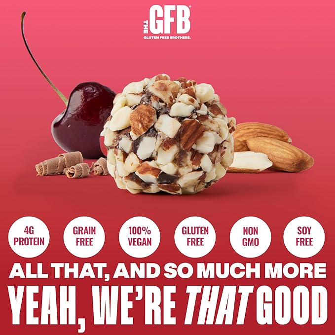 The Gluten Free Brothers Chocolate Cherry Almond Bites - Gluten Free Protein Balls – Non GMO, Soy Free, Vegan – Snack Size Plant Based Protein Energy Balls, 4 Oz (6 Count)