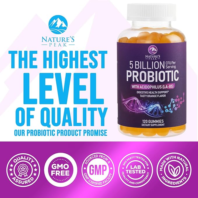 Probiotic Gummies for Women, Men & Teens - 5 Billion CFUs, 6 Probiotic Strains, Orange Flavor - Daily Probiotic Gummy Supplements for Natural Digestive Health, “Good” Gut & Immune Support - 120 Count