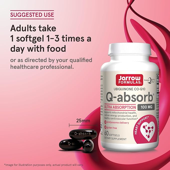 Jarrow Formulas Q-absorb Co-Q10 100 mg, Dietary Supplement, Antioxidant Support for Mitochondrial Health, Cellular Energy Production and Cardiovascular Health, 60 Softgels, 60 Day Supply