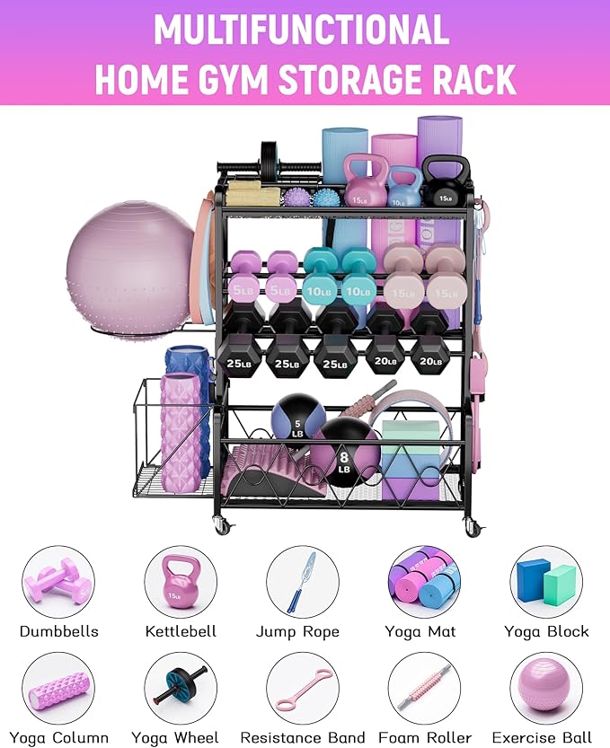 Home Gym Organizer All-in-One Yoga Dumbbell Rack Kettlebell Sets Holder, for Workout Exercise Equipment, Yoga Mat, Fitness Accessories, Home Gym Equipment Storage with Wheels
