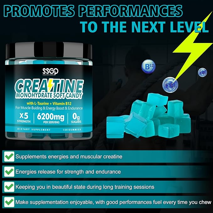 Creatine Monohydrate 6200 mg Soft Gummies for Men and Women - with Taurine and Vitamin B12, Enhances Energy -Muscular - Endurance - Vegetarian - Workout Supplement - Blueberry Gummies(120 Count)