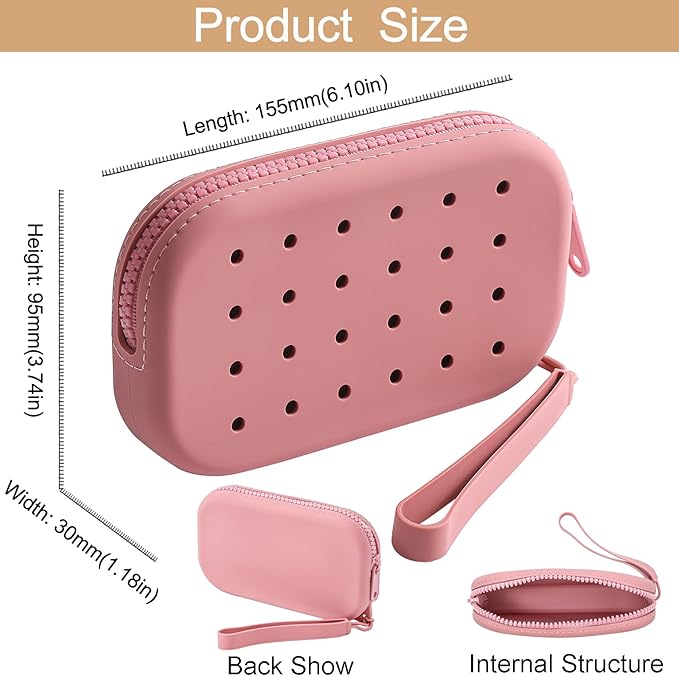 Portable Silicone Makeup Bag for Women, Small Travel Toiletry Cosmetic Bag with Decorative Holes, Zipper Closure Organizer Makeup Case with Handle (Red)