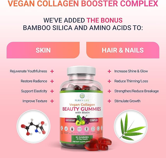 Purify Life Vegan Collagen Gummies with Biotin Vitamins for Hair Skin and Nails Health, (90 Chews) Collagen Support Superfruit Complex with Resveratrol, Vitamin A, E, C - Replace Capsules, Pills