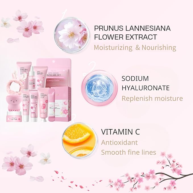 Sakura Skin Care Set for Teen Girls - Skin Care for Teens 10-12 Gifts Japan - Skincare for Girls 10-12 - Gift Set for Women with Cleanser,Serum,Cream(One Size, 8PCS Sakura Scent)