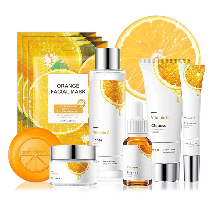 9 Pcs Travel Size Skin Care Set With Toner, Eye Cream, Facial Cleanser, Cream, Serum, Soap, Orange Masks, Hydrating Wash - Skincare Kit for All Skin Types