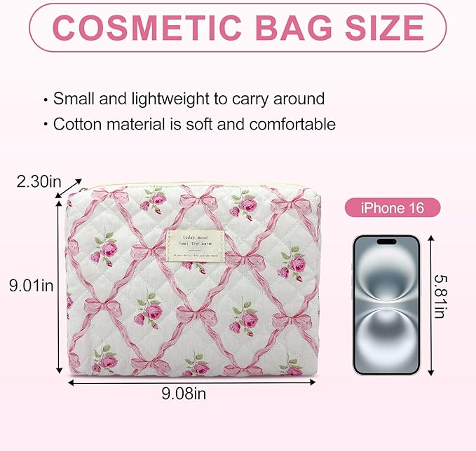 Quilted Makeup Bag,Medium Travel Floral Cosmetic Bag Cute Pouch,Cotton Makeup Brushes Storage Bag for Women