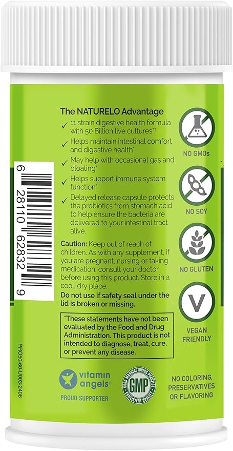 NATURELO Probiotics for Digestive Health - 50 Billion CFU, 11 Strains Daily Supplement - Boosts Immune System, Delayed Release, 60 Vegetarian Capsules