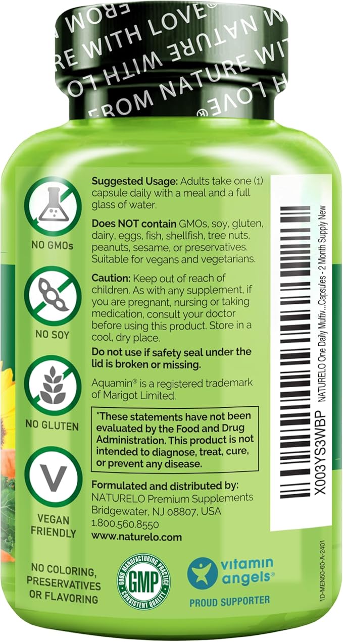 NATURELO Mens Multivitamins for Men 50+ - One Daily Multivitamin for Men with Vitamins, Minerals & Organic Whole Foods Non-GMO, 60 Vegetarian Capsules