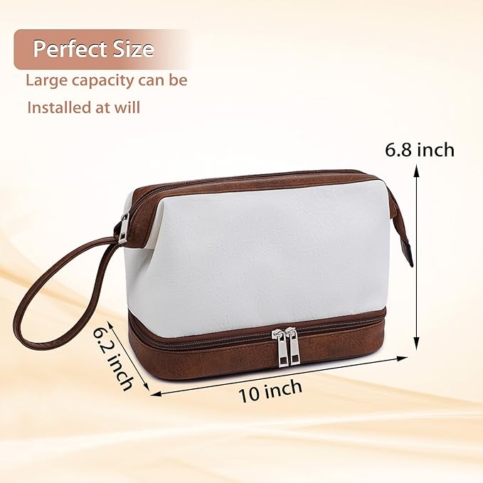 Stylish Makeup Bag Organizer Travel Case for Women Cosmetic Bag for Toiletries and Makeup Waterproof Leather Cosmetic Bag Perfect Fit Home or on the Go (C-White/Brown)
